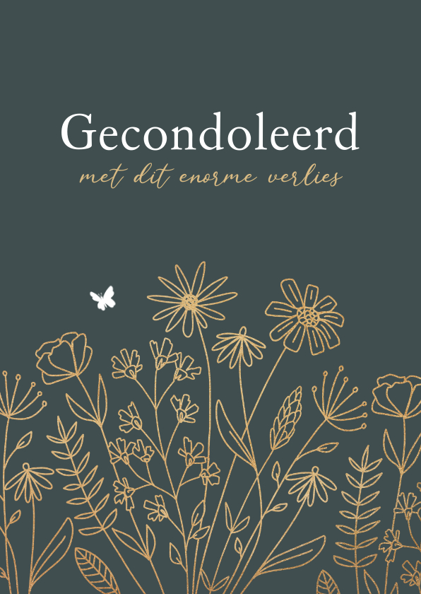 Condoleancekaarten - Condoleancekaart stijlvol bloemen goud vlinder herinneringen