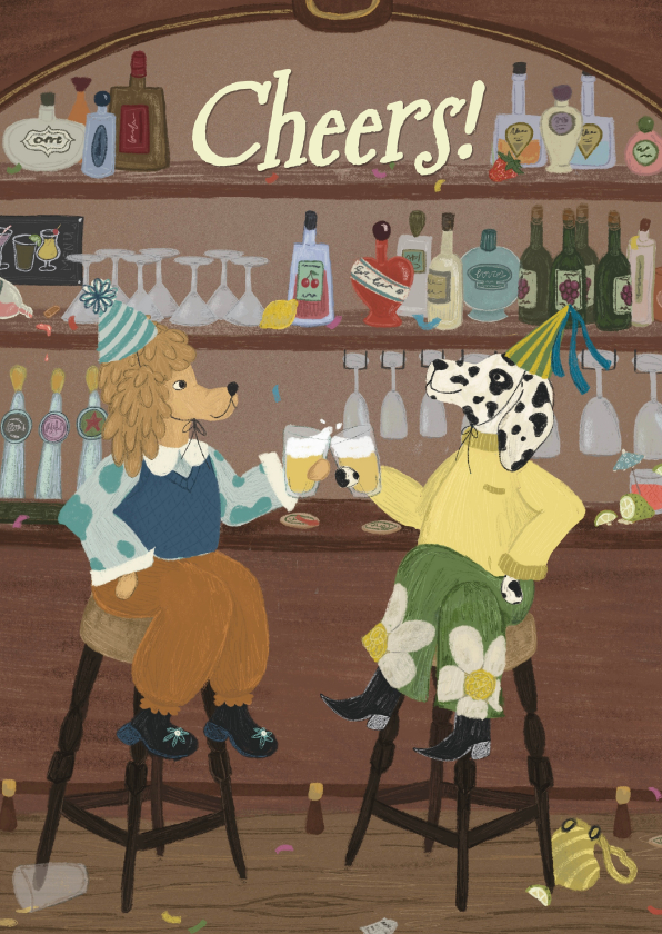 Dierenkaart Cheers met proostende honden in een bar/pub - Dierenkaarten Dierenkaarten - Dierenkaart Cheers met proostende honden in een bar/pub