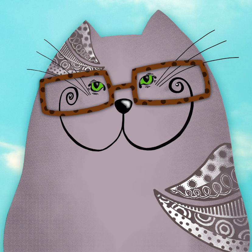 Dierenkaarten - Dierenkaart grijze kat met bril