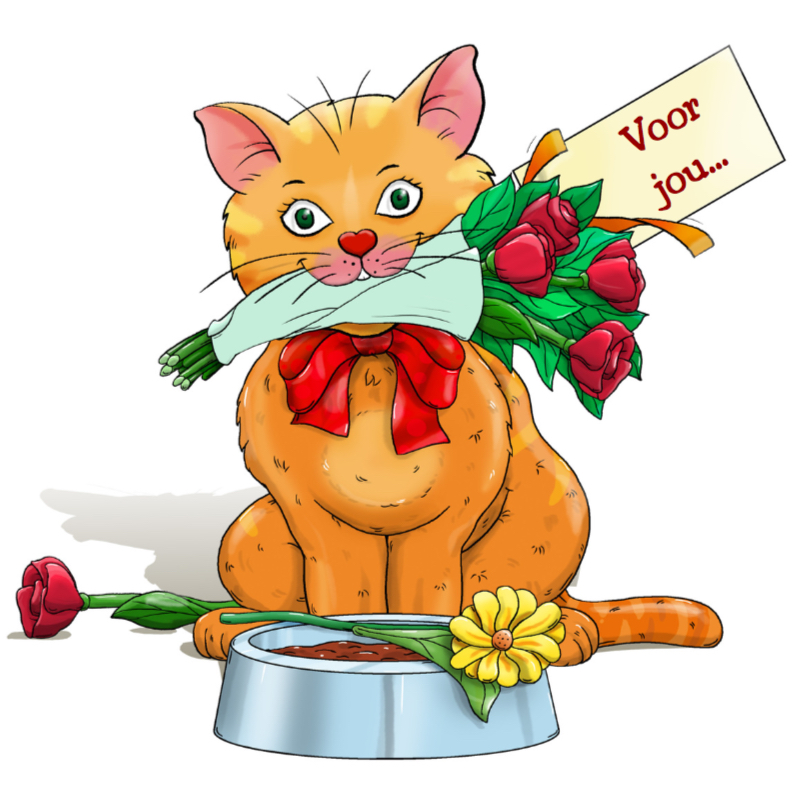 Dierenkaart leuke kat met bloemen en kaartje - Dierenkaarten Dierenkaarten - Dierenkaart leuke kat met bloemen en kaartje