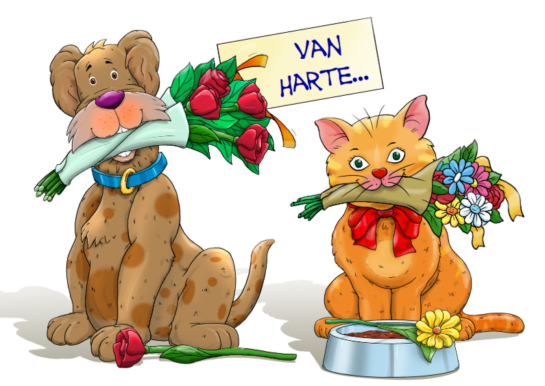 Dierenkaarten - Grappige felicitatiekaart met hond en kat met bloemen