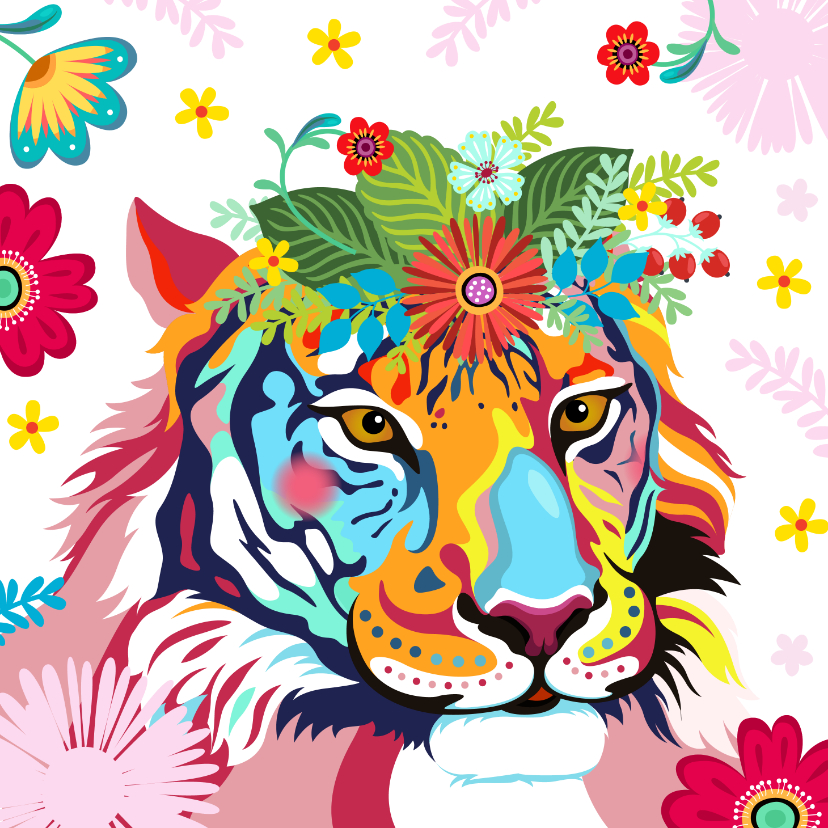 Dierenkaarten - Kleurrijke tijger met bloementooi verjaardagskaart.