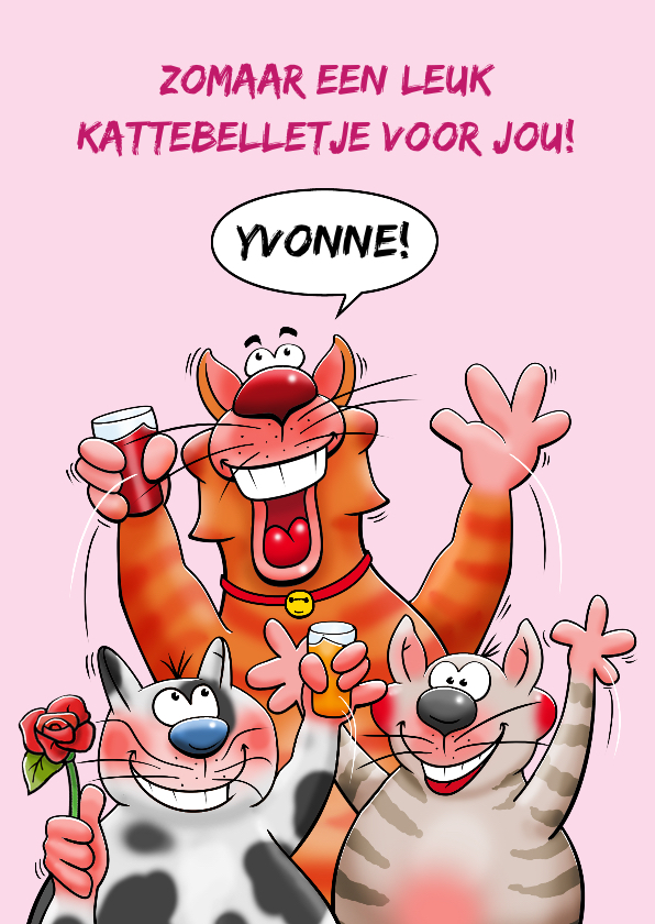 Leuke dierenkaart met 3 poezen en aan binnenzijde bos rozen - Dierenkaarten Dierenkaarten - Leuke dierenkaart met 3 poezen en aan binnenzijde bos rozen