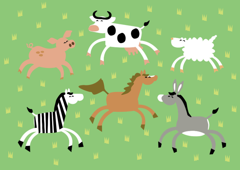 Dierenkaarten - Varken koe schaap zebra paard ezel