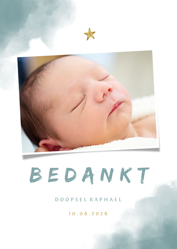 Doopkaarten - Bedankkaartje doop blauwe waterverf, ster en foto