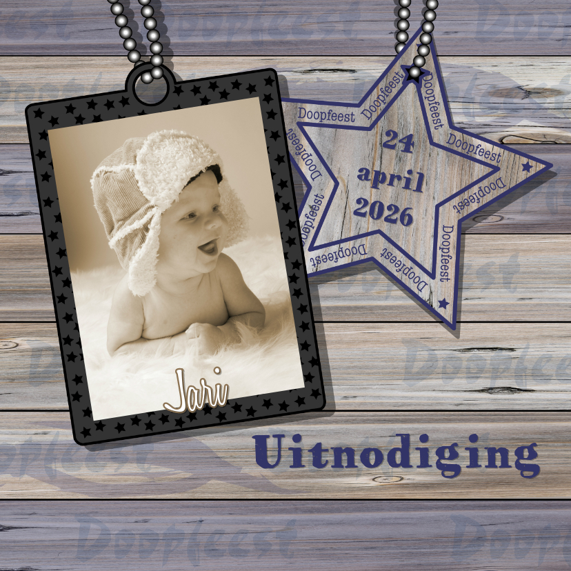 Doop uitnodiging met foto stoer hout ster jongen - Doopkaarten Doopkaarten - Doop uitnodiging met foto stoer hout ster jongen