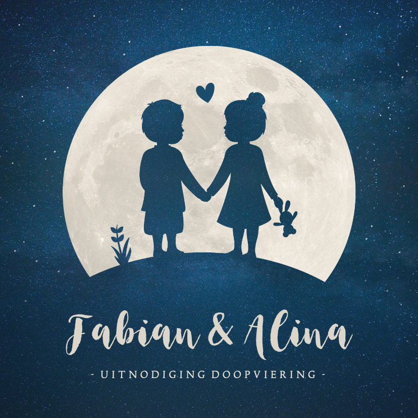 Doopkaarten - Doop uitnodiging tweeling jongen meisje silhouet met maan