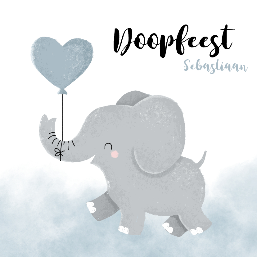 Doopkaarten - Doopfeest uitnodiging met olifantje en blauwe ballon