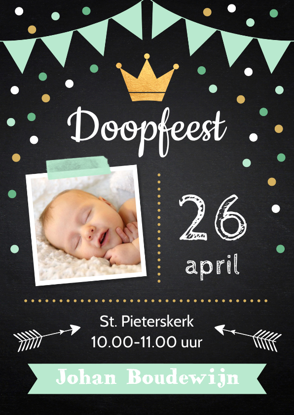 Doopkaarten - Doopkaart krijtbord confetti foto jongen