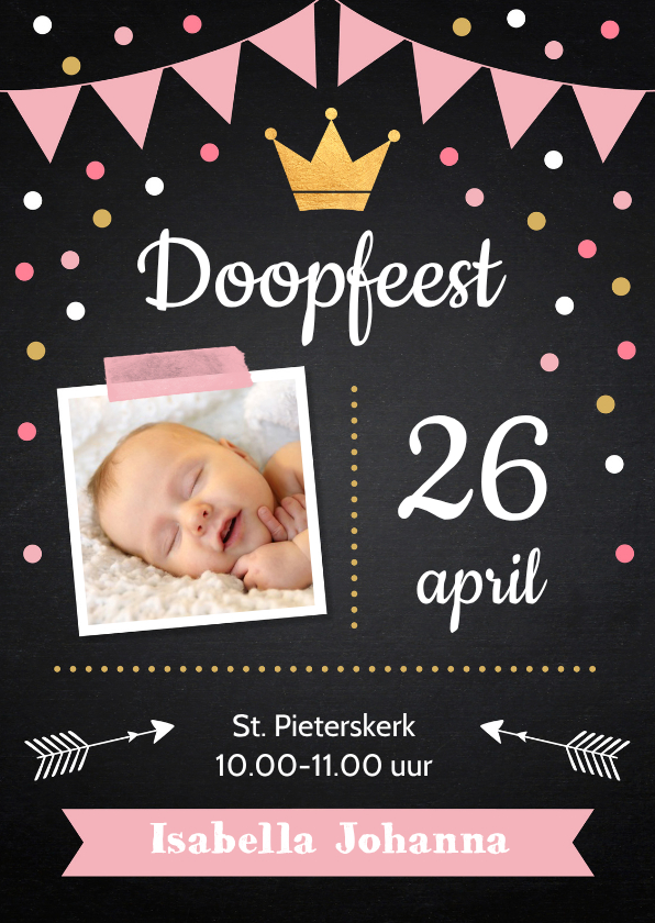 Doopkaart krijtbord confetti meisje foto - Doopkaarten Doopkaarten - Doopkaart krijtbord confetti meisje foto