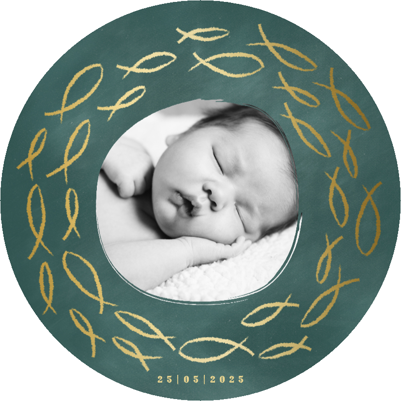 Doopkaarten - Ronde doopkaart foto en gouden visjes