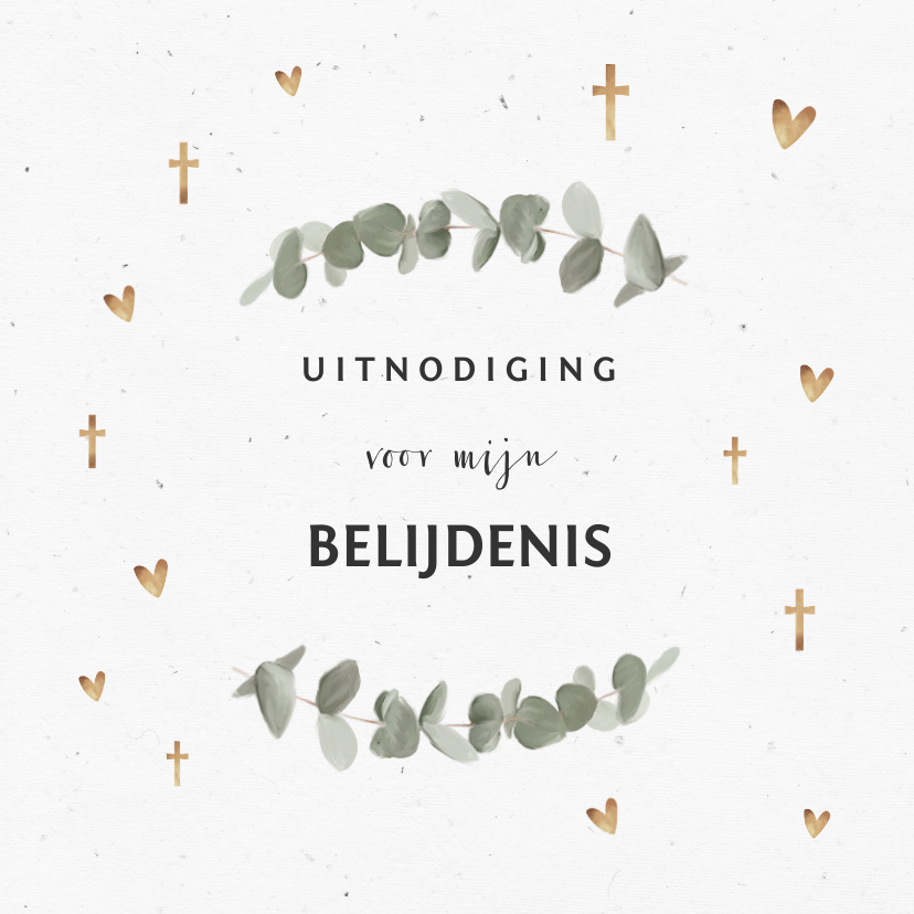 Doopkaarten - Uitnodiging belijdenis met eucalypusbladeren