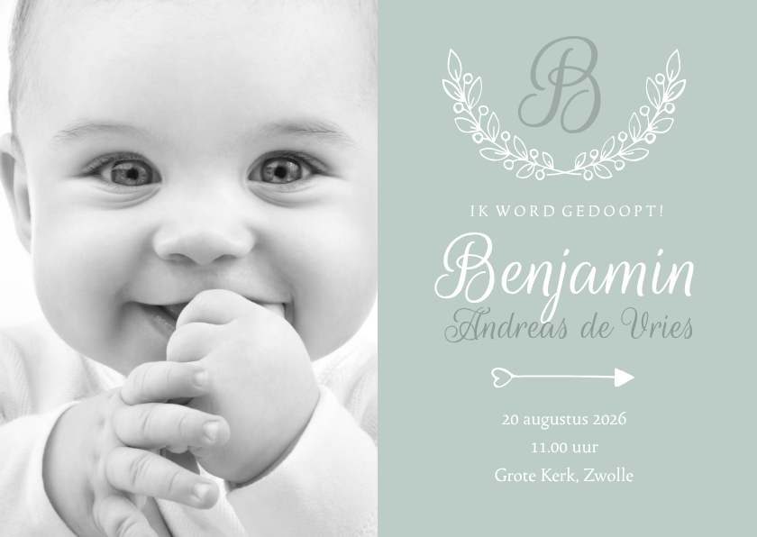 Doopkaarten - Uitnodiging doop foto & initaal groen