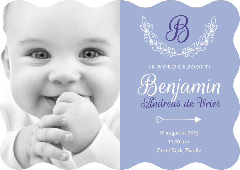Doopkaarten - Uitnodiging doop golvend foto & initaal blauw