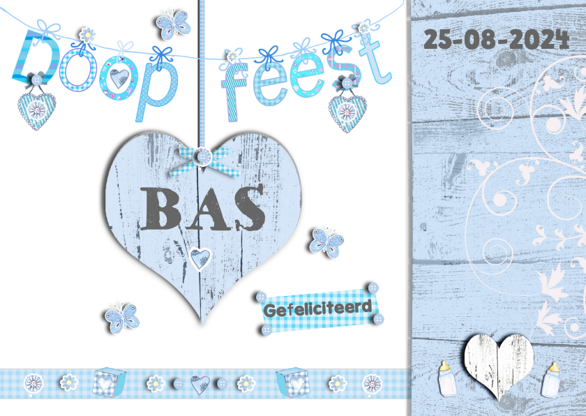 Uitnodiging doopfeest jongen met houten hart - Doopkaarten Doopkaarten - Uitnodiging doopfeest jongen met houten hart
