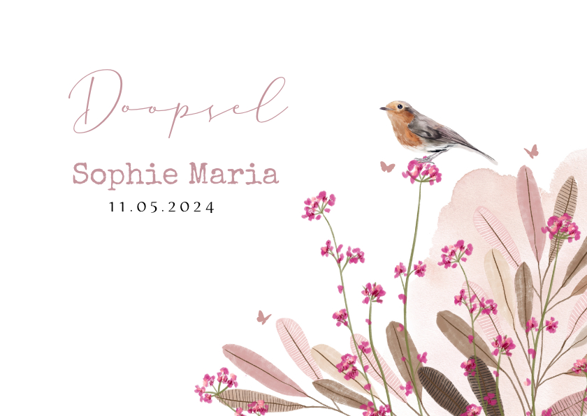 Doopkaarten - Uitnodiging doopviering watercolor veldbloemen vogel vlinder