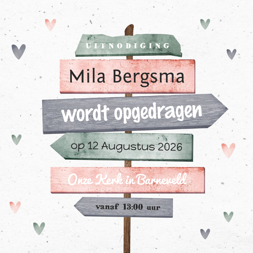 Uitnodiging opdraging roze wegwijzer en harten - Doopkaarten Doopkaarten - Uitnodiging opdraging roze wegwijzer en harten