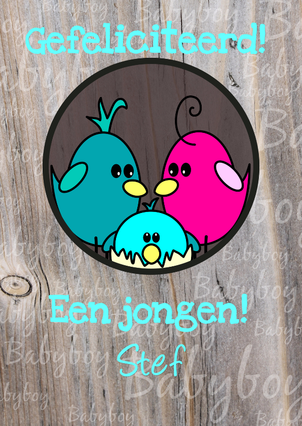 Baby BOY vogeltje in een boom - Felicitatiekaarten Felicitatiekaarten - Baby BOY vogeltje in een boom