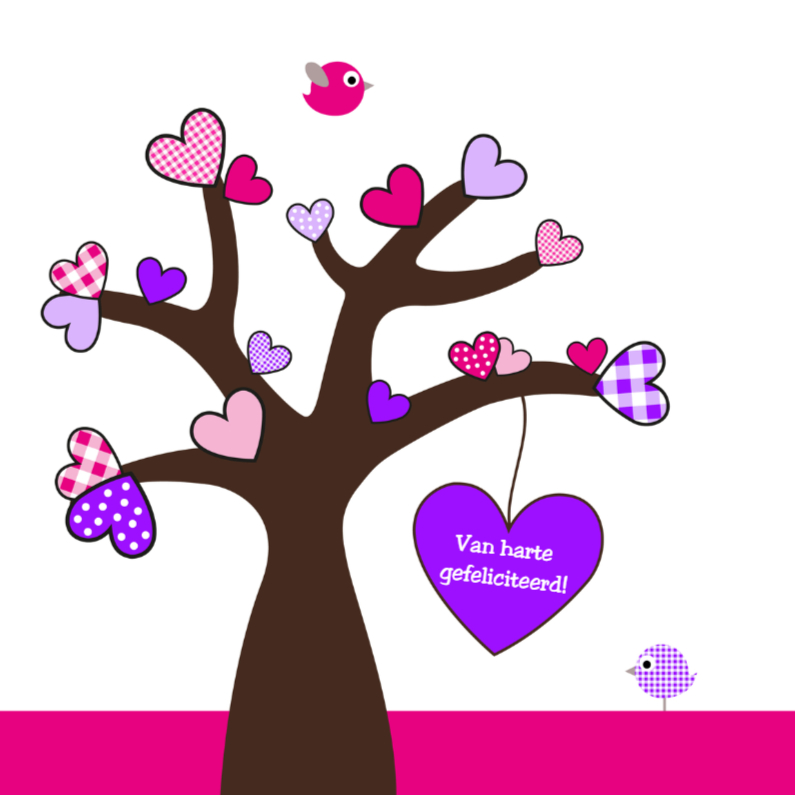 Boom met roze hartjes - Felicitatiekaarten Felicitatiekaarten - Boom met roze hartjes