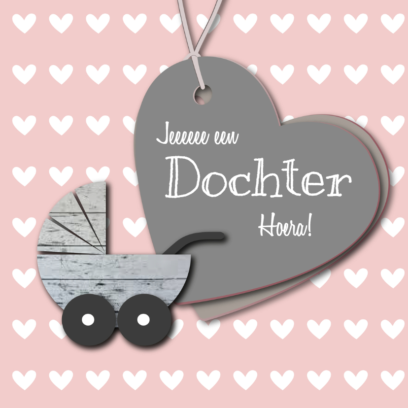 Dochter hout kinderwagentje - Felicitatiekaarten Felicitatiekaarten - Dochter hout kinderwagentje