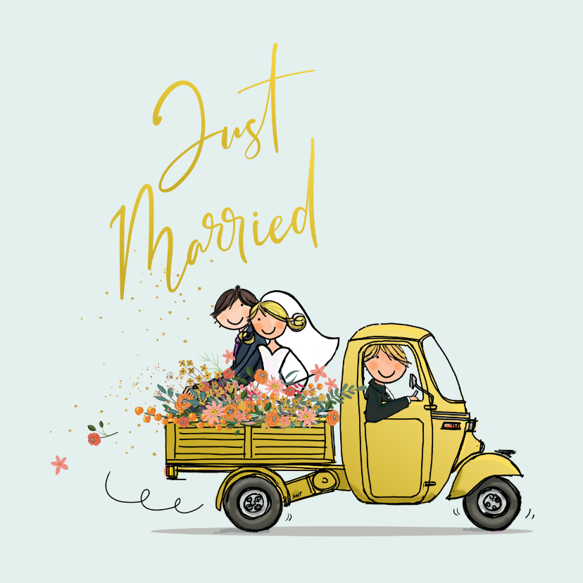 Felicitatiekaarten - Driewieler met trouwpaar Anet Illustratie