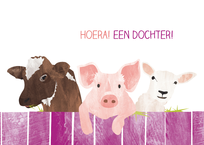 Felicitatiekaarten - Een dochter met koe varken en schaap