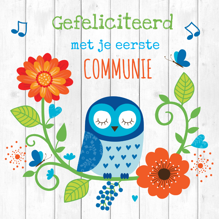 Felicitatie communie uiltje blauw - Felicitatiekaarten Felicitatiekaarten - Felicitatie communie uiltje blauw