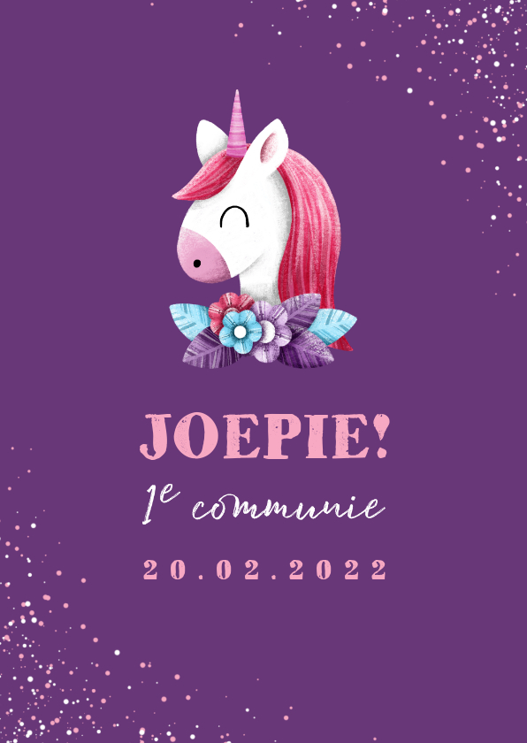 Felicitatiekaarten - Felicitatie communie unicorn met confetti en foto