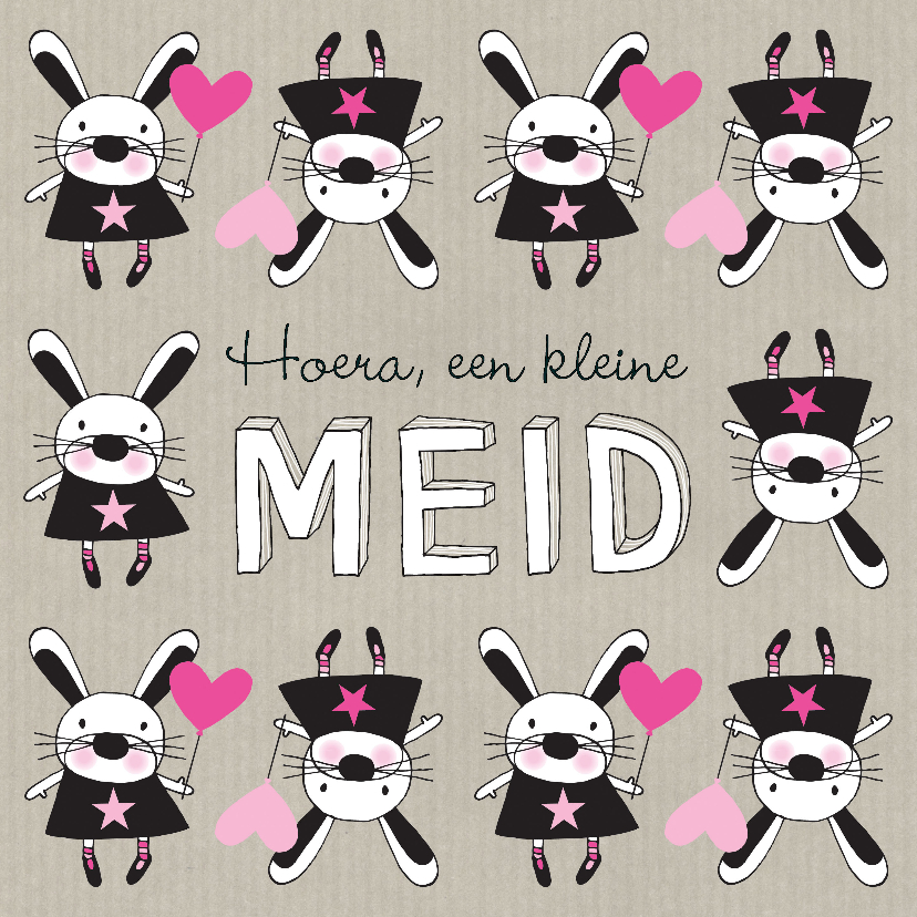 Felicitatie dochter konijn roze en kraft handgetekend - Felicitatiekaarten Felicitatiekaarten - Felicitatie dochter konijn roze en kraft handgetekend