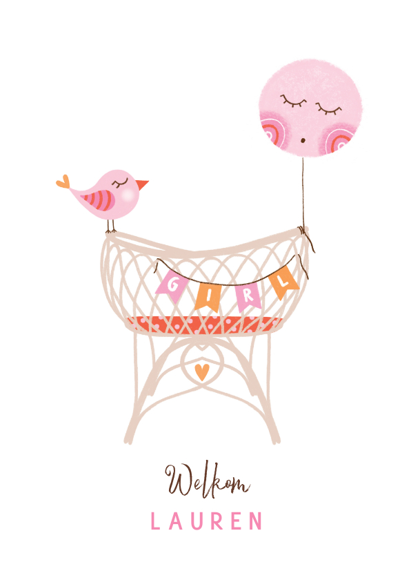 Felicitatiekaarten - Felicitatie dochter rotan wiegje vogel roze oranje