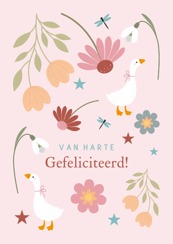 Felicitatiekaarten - Felicitatie gansje met bloemen