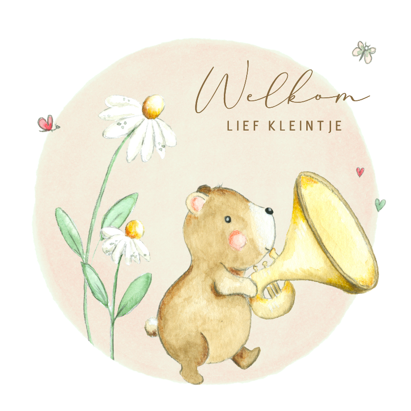 Felicitatie geboorte - Beer met muziekinstrument en bloemen - Felicitatiekaarten Felicitatiekaarten - Felicitatie geboorte - Beer met muziekinstrument en bloemen
