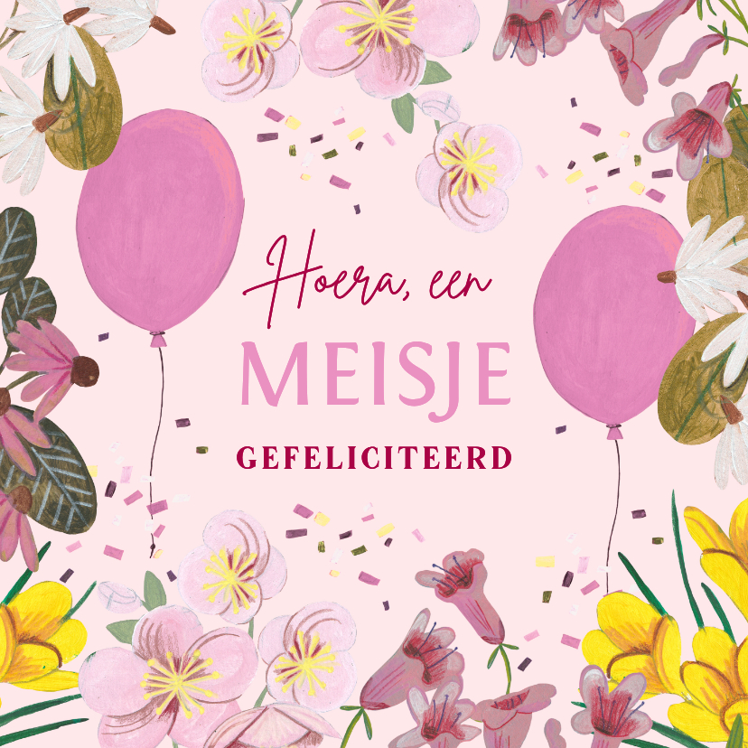 Felicitatie geboorte bloemen en ballonnen roze - Felicitatiekaarten Felicitatiekaarten - Felicitatie geboorte bloemen en ballonnen roze