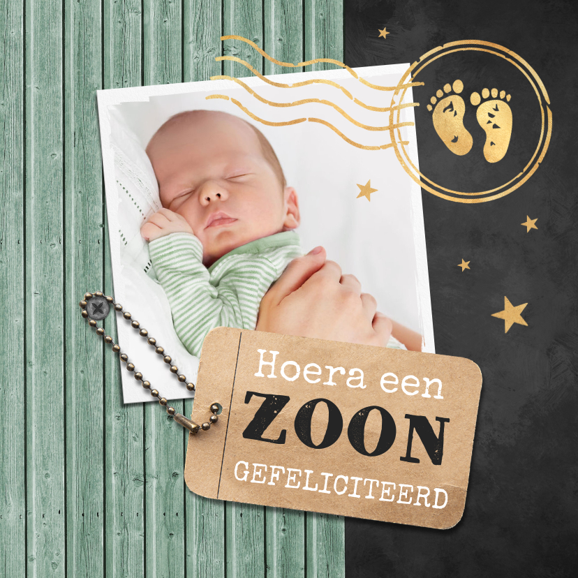 Felicitatiekaarten - Felicitatie geboorte houtlook foto label stempel goud groen