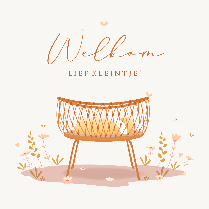 Felicitatie geboorte illustratie rotan wiegje met bloesem - Felicitatiekaarten Felicitatiekaarten - Felicitatie geboorte illustratie rotan wiegje met bloesem