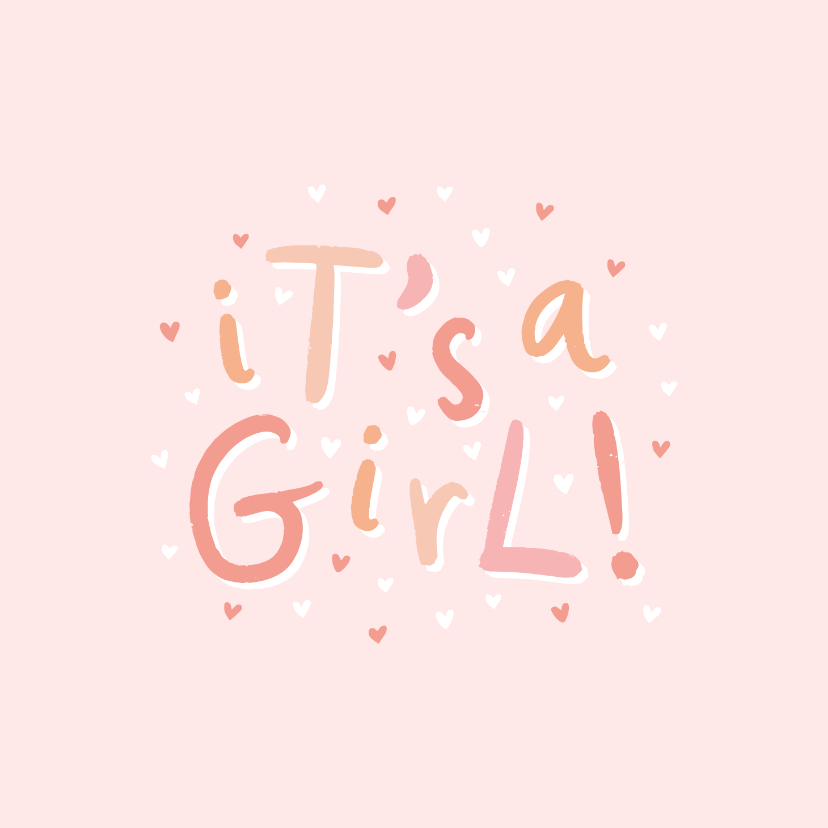 Felicitatiekaarten - Felicitatie geboorte 'it's a girl!' hip met hartjes