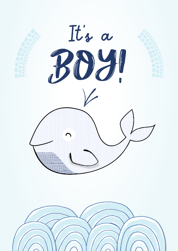 Felicitatiekaarten - Felicitatie geboorte jongen met hippe blauwe walvis