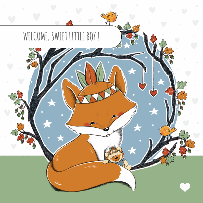 Felicitatiekaarten - Felicitatie geboorte jongen met vos en beertje