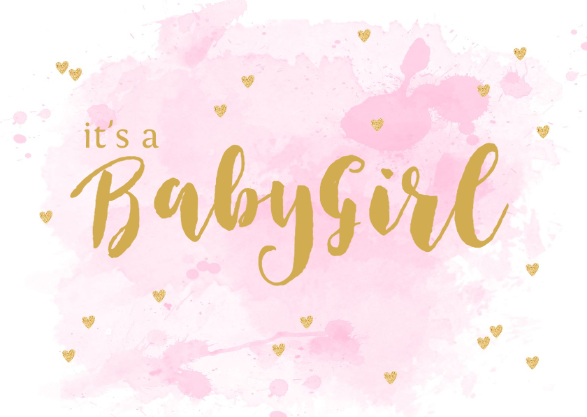 Felicitatiekaarten - Felicitatie geboorte meisje aquarel hartjes roze