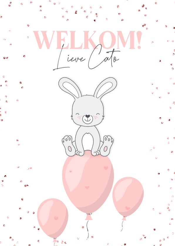 Felicitatiekaarten - Felicitatie geboorte meisje konijntje op ballon met confetti