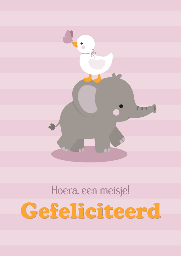 Felicitatie geboorte meisje met olifant en eendje - Felicitatiekaarten Felicitatiekaarten - Felicitatie geboorte meisje met olifant en eendje