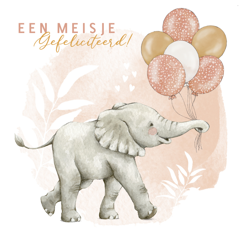 Felicitatiekaarten - Felicitatie geboorte meisje met olifantje en ballonnen