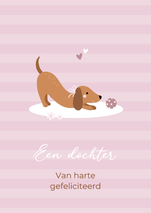 Felicitatie geboorte meisje teckel met bal - Felicitatiekaarten Felicitatiekaarten - Felicitatie geboorte meisje teckel met bal