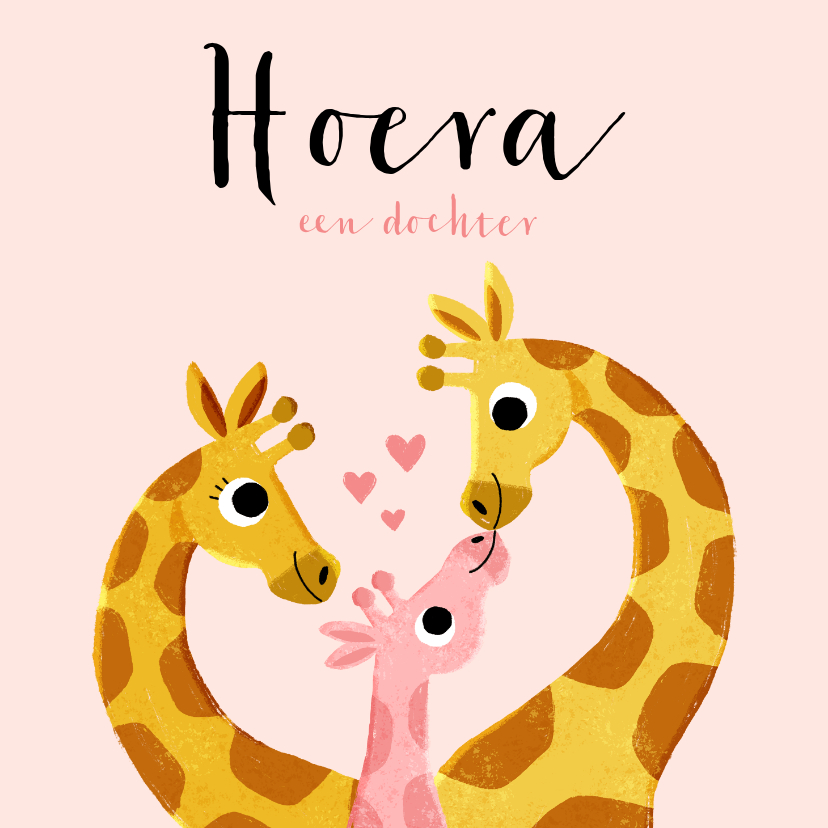 Felicitatiekaarten - Felicitatie geboorte met 3 giraffes en hartjes