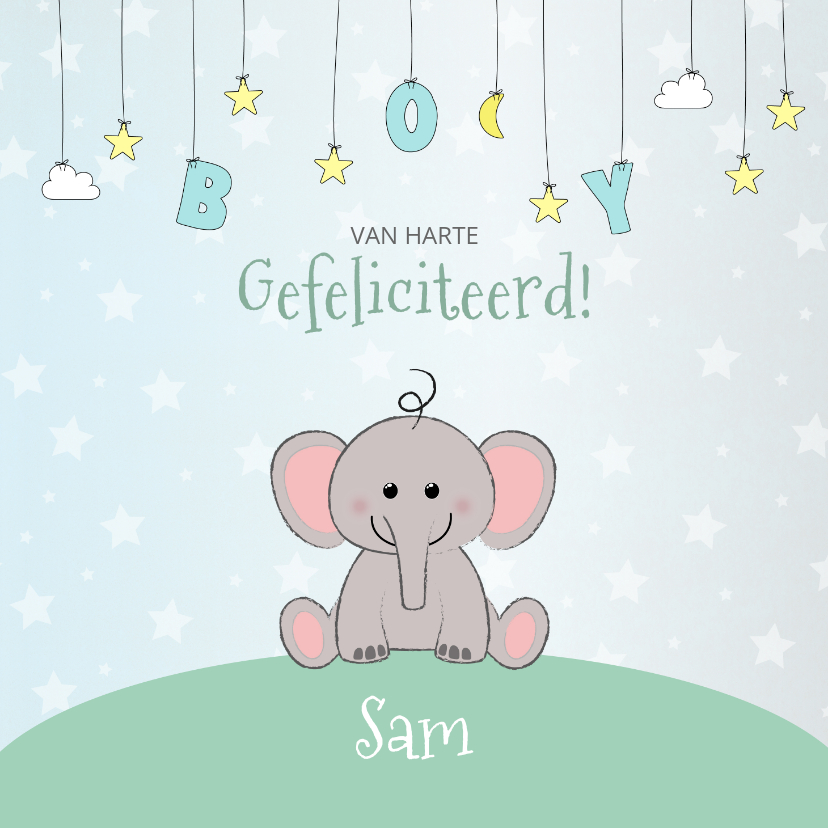 Felicitatie geboorte met een schattig olifantje en sterren - Felicitatiekaarten Felicitatiekaarten - Felicitatie geboorte met een schattig olifantje en sterren
