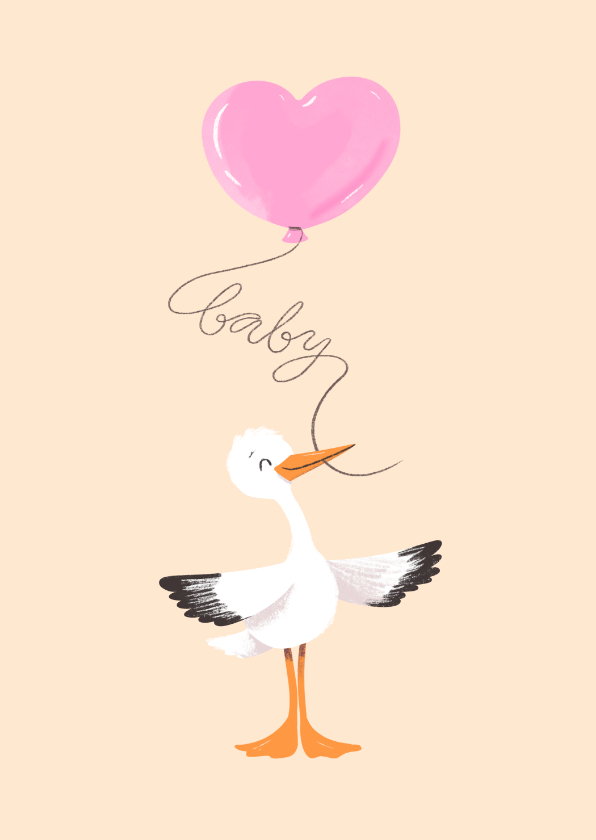 Felicitatiekaarten - Felicitatie geboorte ooievaar met roze ballon
