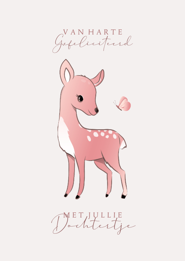 Felicitatiekaarten - Felicitatie geboorte prachtige illustratie hertje en vlinder