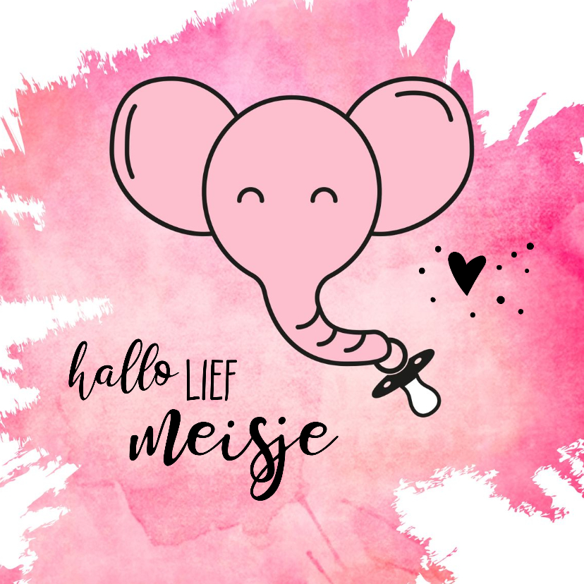 Felicitatiekaarten - Felicitatie geboorte roze olifant met speen aan de slurf