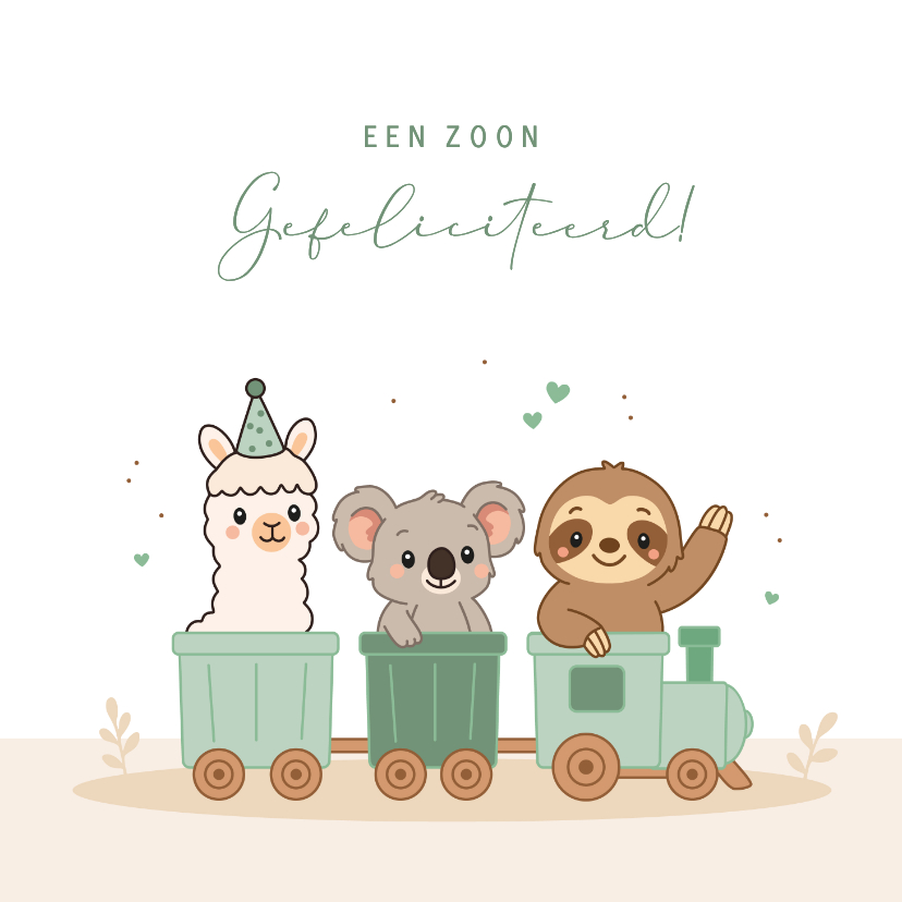 Felicitatie geboorte treintje met drie dieren - Felicitatiekaarten Felicitatiekaarten - Felicitatie geboorte treintje met drie dieren