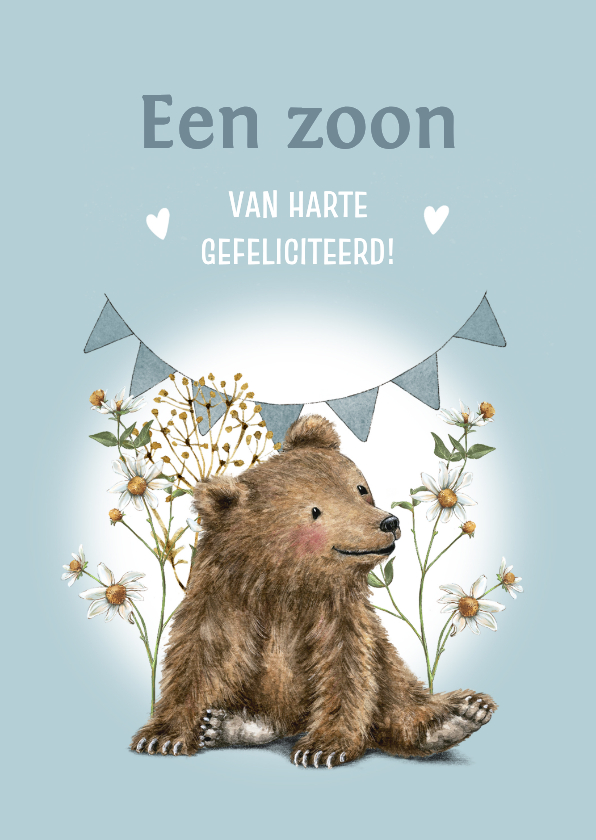 Felicitatiekaarten - Felicitatie geboorte zoon met beertje tussen de bloemen